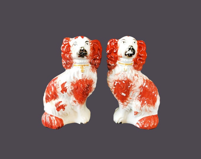 Pair of Victorian-era English Staffordshire Dogs | Cavalier King Charles Spaniels mantle dogs. Flaws (see below).