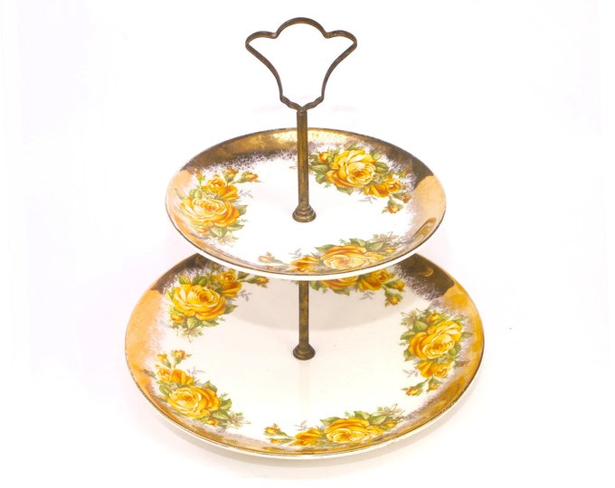 JH Weatherby two-tier cake, cookie, pastry serving plate. Yellow roses, gold edge. Falconware made in England. Flaws (see below).