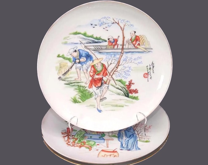 Three Hutschenreuther Japanoise dinner plates. Japan Scenes, Japanese fishermen and monks. Flaws (see below).