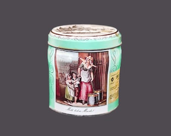 Murray Allen Cries of Olde London Milk Below Maids round empty candy tin | tea canister. Tin made in England.