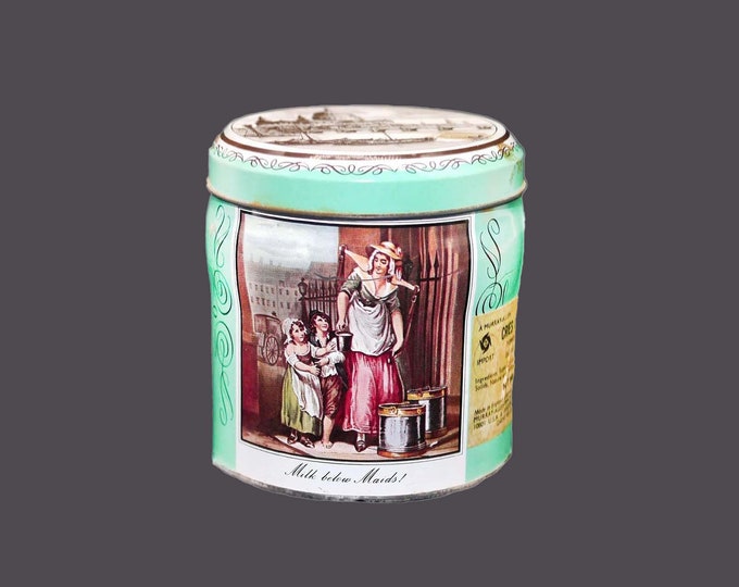 Murray Allen Cries of Olde London Milk Below Maids round empty candy tin | tea canister. Tin made in England.