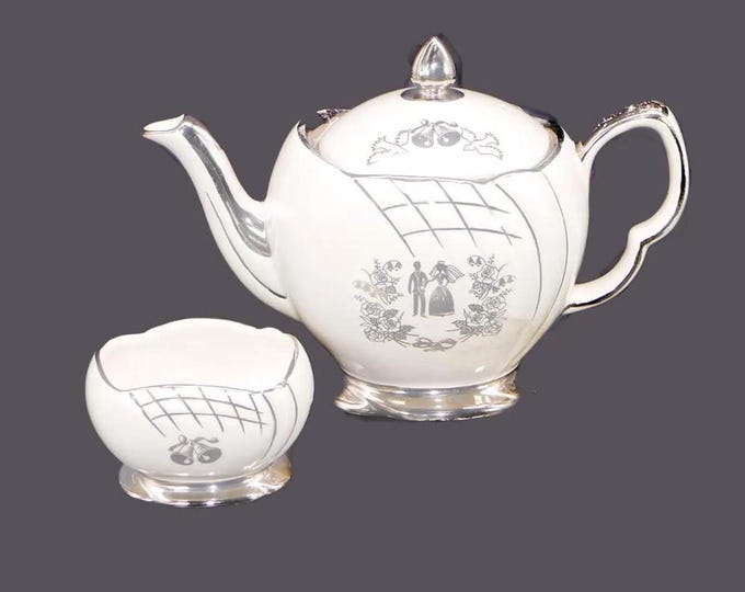 Royal Winton Our Wedding four-cup teapot and open sugar bowl. 25th Anniversary | Silver Anniversary. Made in England.
