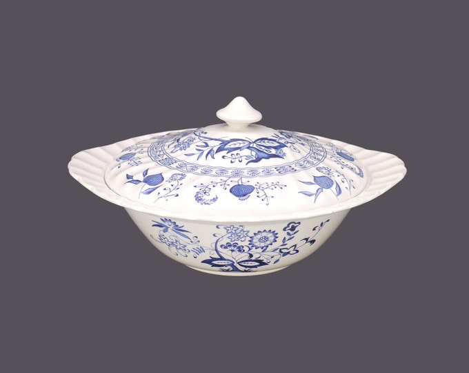J&G Meakin Blue Nordic | Blue Onion covered, lugged serving bowl. Classic blue-and-white tableware made in England. Flaws.