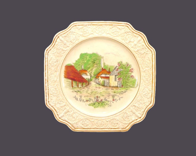 Crown Devon Fieldings British Scenes 2507 square luncheon plate. Cockington Village Devonshire made in England