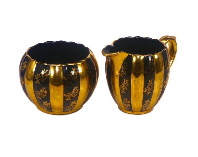 Vintage Gibsons England Creamer and Sugar Bowl Set: Gold Floral Panels