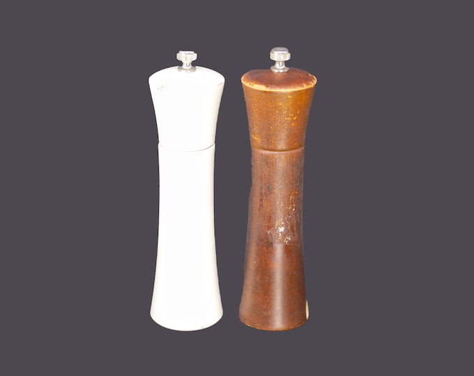 Pair of wooden salt and pepper grinders. Madame Cocos. Flaws (see below).
