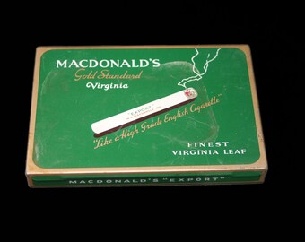 MacDonald's Gold Standard Virginia Cigarettes hinged-lid tin. W.C. MacDonald Tobacco Montreal.