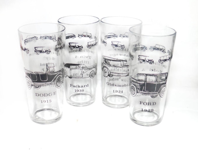 Four mid-century Hazel Atlas vintage car | vintage automobile water glasses, tumblers, high balls. Etched-glass cars.