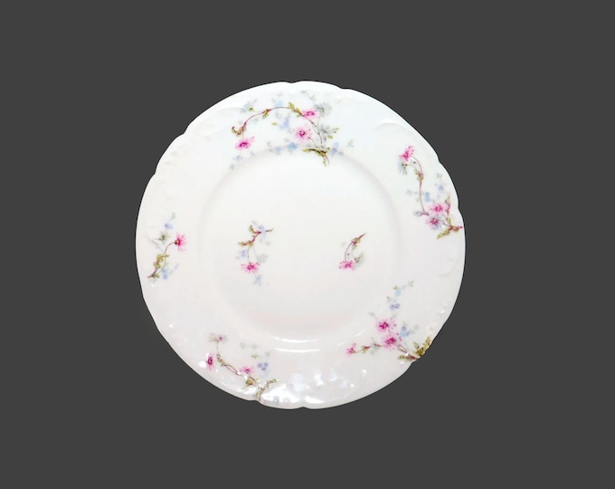 Antique art-nouveau period Haviland Limoges salad plate. Pink and blue floral sprays, embossed dots, scrolls. Minor flaw.