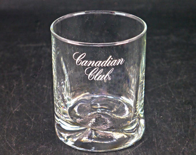 Canadian Club Whisky on the rocks glass. Etched-glass branding.
