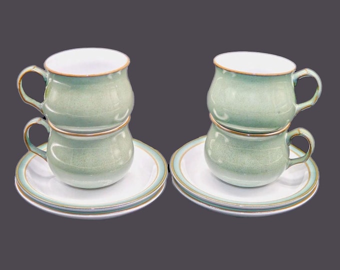 Four Denby Regency Green stoneware cup and saucer sets made in England.