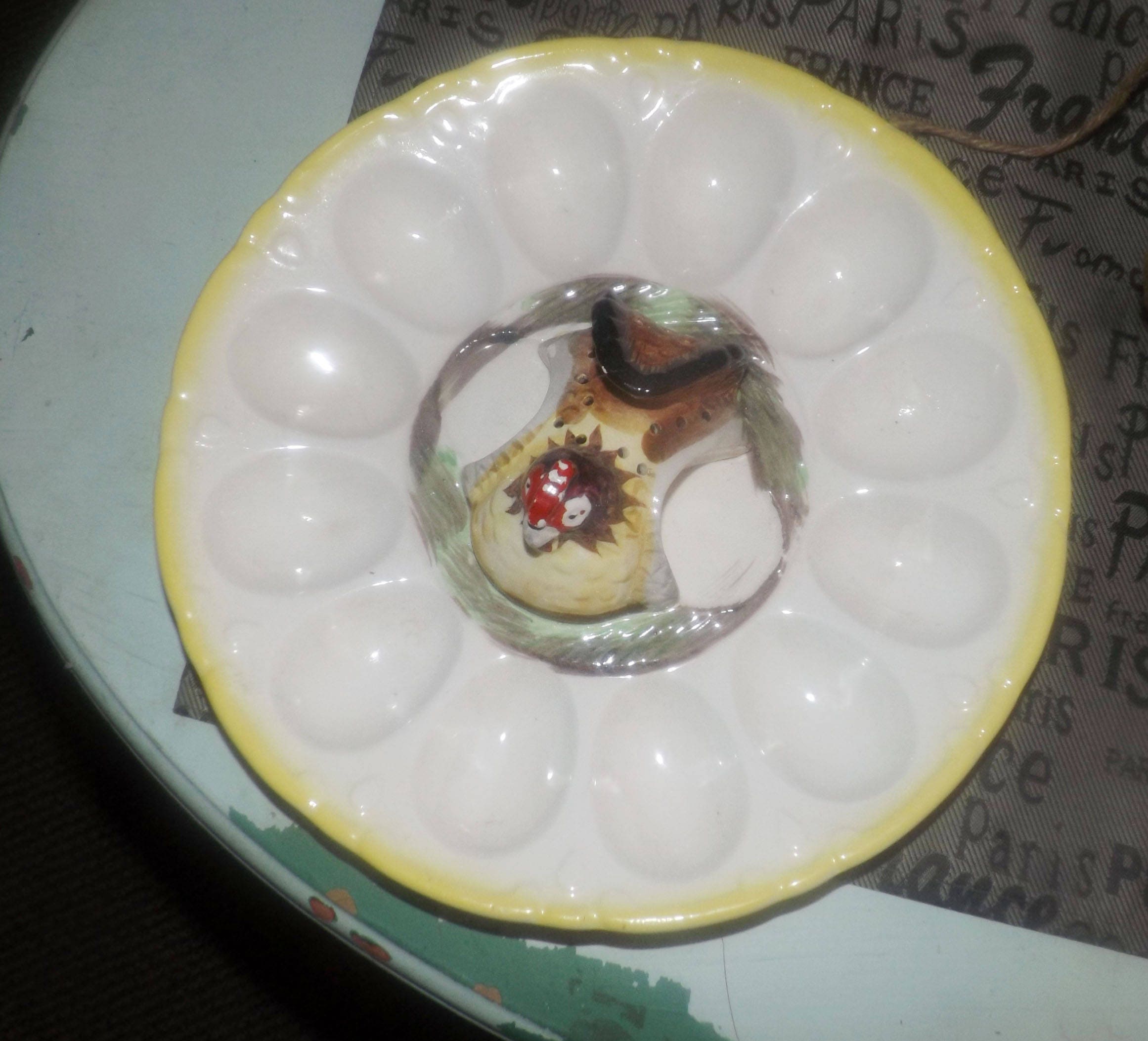 Late midcentury (1950s) Deviled Egg serving plate, hen in the center