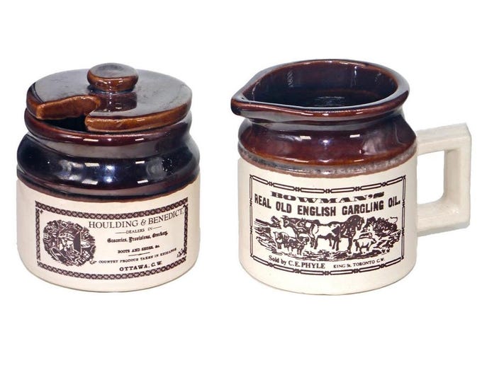 Abenakis Pottery | Beauceware Quebec Ye Old Canadian Crock Prints creamer and covered sugar bowl made in Canada.