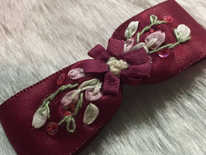Burgundy Wine Beaded Satin Bow Applique Embellished W/ribbon Etsy