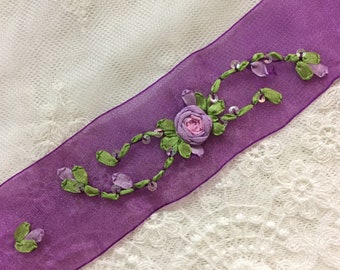 1.5" Plum Purple Embroidered Ribbon w/Flowers & Sequins on Organza|Floral Ribbonwork Trim|Decorative Sheer Organza Ribbon Work Flower Trim