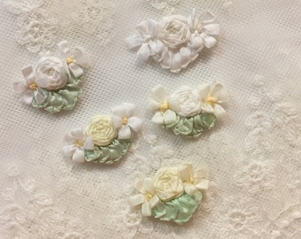 2 pièces vintage ruban ivoire blanc brodé à la main rosace araignée rose marguerite appliques, broderie ruban travail roses artisanat