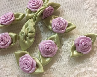 12pcs, 1-1/8" PALE LAVENDER Ribbon Roses with Green Leaves, Satin Roses Rose Applique, Ribbon Fabric Roses, Millinery Flowers Craft Supply