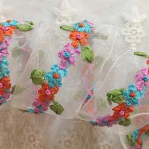 1.5&quot; Vintage Orange Blue Pink Hand Embroidered Flower Organza Ribbon|Floral Ribbonwork Trim|Decorative Sheer Organza Ribbon Work Flower Trim