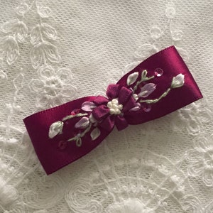 Burgundy Wine Beaded Satin Bow Applique Embellished w/Ribbon Embroidery Flower & Sequins|Ribbon Embroidery Bow Embroidered Ribbonwork