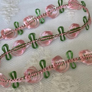 1/2&quot; Width Rococo Rosette Trim Dusty Light Pink Green, Rosebud Garland Ribbon, Floral Loop Braid Trim for Dolls Sewing Crafts Embellishment