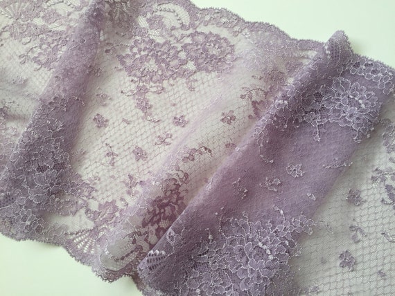 9.5" Lavender French Calais Stretch Lace Trim w/Scalloped Edge|Wide French Stretch Lace Trim|Elastic Lace Trim Floral Pattern for Lingerie