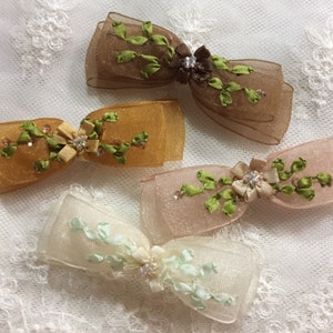 1pc Brown Tan Ivory Gold Beaded Organza Bow Applique Embellished w/Embroidery Flower & Sequins|Ribbon Embroidery Bow Embroidered Ribbonwork