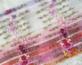 3/8" Vintage Embroidered Ribbon w/Beads & Sequins on Organza Ribbon|Floral Ribbonwork Trim|Decorative Sheer Organza Ribbon Work Flower Trim