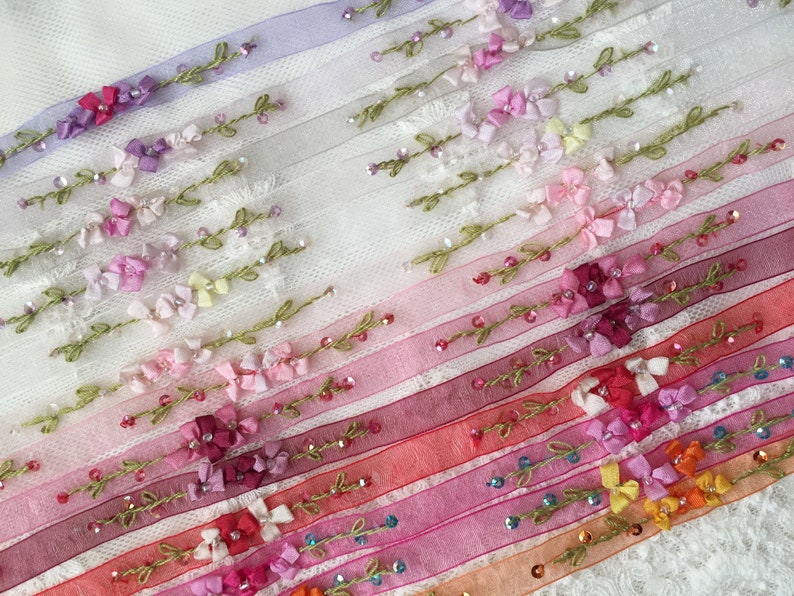 3/8 Vintage Embroidered Ribbon w/Beads & Sequins on Organza RibbonFloral Ribbonwork TrimDecorative Sheer Organza Ribbon Work Flower Trim image 1