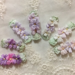 2pcs Vintage Purple Lavender Light Pink Ribbon HAND Embroidered Ribbon Work Daisy Flowers Applique|Floral Ribbonwork Daisies w/Leaves Craft