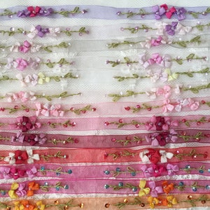 3/8 Vintage Embroidered Ribbon w/Beads & Sequins on Organza RibbonFloral Ribbonwork TrimDecorative Sheer Organza Ribbon Work Flower Trim image 3