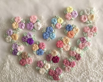 2 pièces ruban multicolore vintage brodé à la main triple rosace araignée rose fleur appliques, ruban broderie roses fournitures d'artisanat