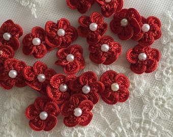Vintage Red, Mini Fabric Flowers, White Rhinestone, Red  display picture 3