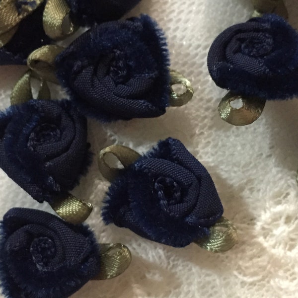 1" Navy Blue Ribbon Roses with Leaves, Navy Blue Velvet Rose Appliques, Rolled Rose Velvet Flower Rosettes DIY Craft Millinery Supply  F100