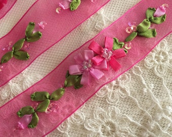 Azalea Pink Hand Embroidered Ribbon Flowers Beads on Organza Ribbon|Floral Ribbonwork Trim|Decorative Sheer Organza Ribbon Work Flower Trim