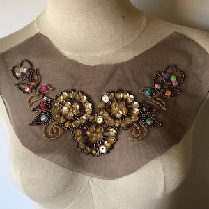 Multi Color Floral Beaded Applique w/Sequins & Beads on Tulle  for Bodice Collar Neckline Motif Embellishment DIY Supplies Sewing v1010 b4