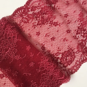 9.5&quot; Cran Red French Calais Stretch Lace Trim w/Scalloped Edge|Wide French Stretch Lace Trim|Elastic Lace Trim Floral Pattern for Lingerie