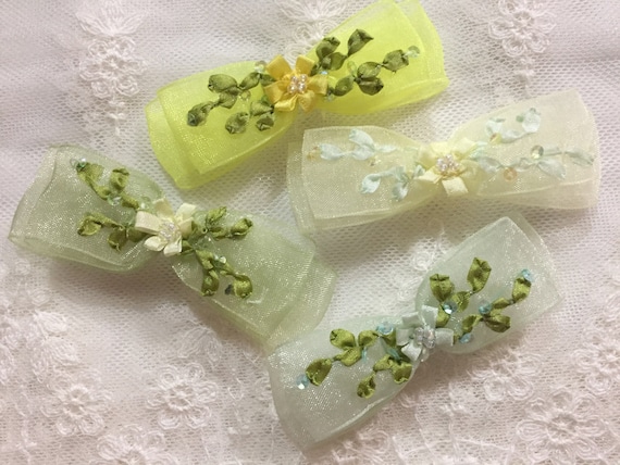 1pc Pastel Green Yellow Beaded Orgaza Bow Applique  display picture 2