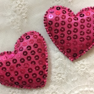 2pcs Hot Pink Heart Applique Embellished with Sequins|Sequined Hot Pink Padded Heart Applique Patch for DIY Craft Sewing Valentine&#39;s Day