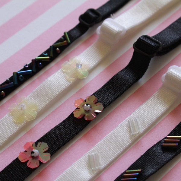 1/4" and 3/8" Ivory Black White Adjustable Bra Straps|Beaded Elastic Shoulder Strap for Underdress Accessories Lingerie Garter Decorative