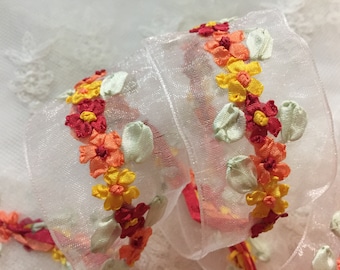 1.5" Vintage White, Orange Hand Embroidered Flower Organza Ribbon|Floral Ribbonwork Trim|Decorative Sheer Organza Ribbon Work Flower Trim