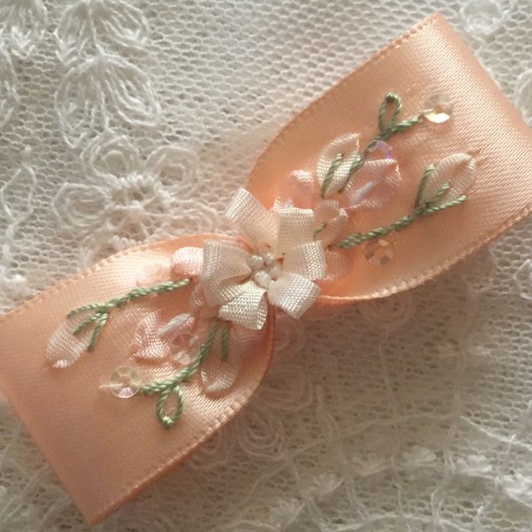 Soft Peach Beaded Satin Bow Applique Embellished w/Embroidery Flower & Sequins|Ribbon Embroidery Bow Embroidered Ribbonwork