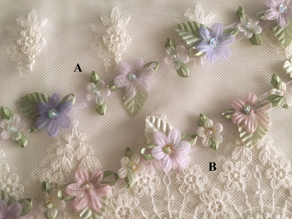 EMBROIDERED on SHEER 2/" organza LARGE FLOWER TRIM SEQUINS GLASS BEADS 1yd