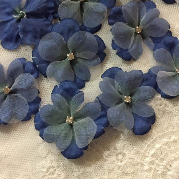 1.5" Royal Blue Beaded Flower Applique with Rhinestone Center|Organza & Fabric Hydrangea Flowers for Wedding Embellishments Craft Supply
