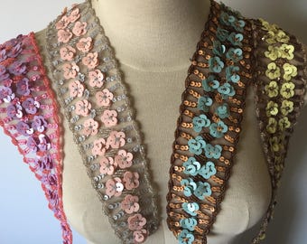 Multi Color Beaded Neckline Applique w/beads & Sequins on Organza MultiColor for Bodice Collar Neck Embellishment Supplies DIY Sewing