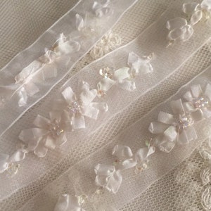 White Hand Embroidered Ribbon w/Flowers Beads on Organza RibbonFloral Ribbonwork TrimDecorative Sheer Organza Ribbon Work Flower Trim image 1