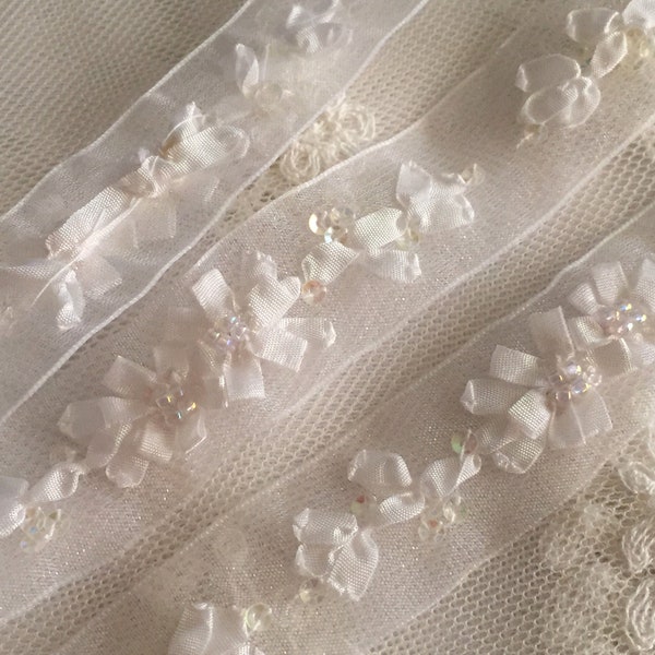 White Hand Embroidered Ribbon w/Flowers Beads on Organza Ribbon|Floral Ribbonwork Trim|Decorative Sheer Organza Ribbon Work Flower Trim