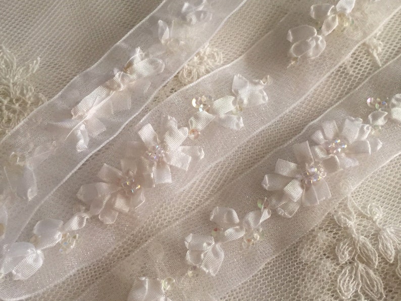 White Hand Embroidered Ribbon w/Flowers Beads on Organza RibbonFloral Ribbonwork TrimDecorative Sheer Organza Ribbon Work Flower Trim image 1