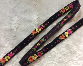 5/8" Black, Orange, Yellow Hand Embroidered Velvet Ribbon w/Flowers & Sequins|Floral Ribbonwork Velvet Trim|Velvet Ribbon Work Flower Trim