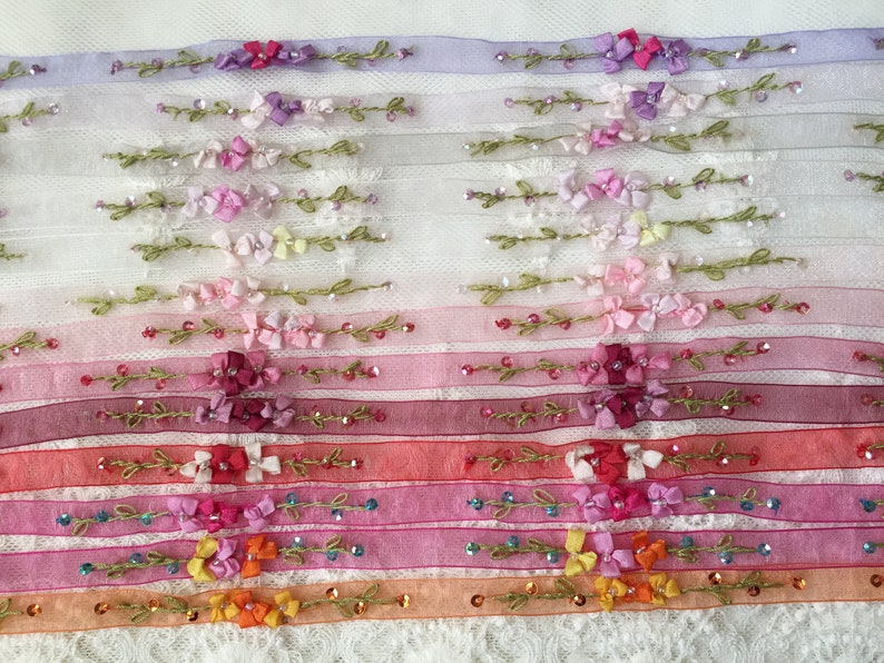 3/8 Vintage Embroidered Ribbon w/Beads & Sequins on Organza RibbonFloral Ribbonwork TrimDecorative Sheer Organza Ribbon Work Flower Trim image 6