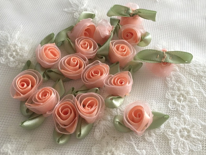 18pcs 1.25 Peach Organza Satin Ribbon Roses with Green Etsy